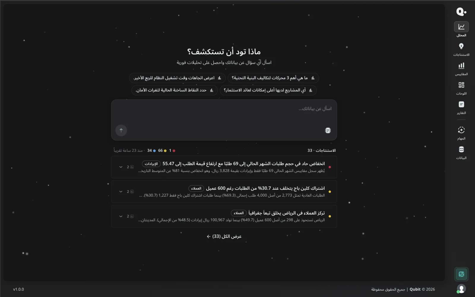واجهة المحلل في كيوبت تعرض سؤالًا واستنتاجات أعمال مرتبطة بالمصادر