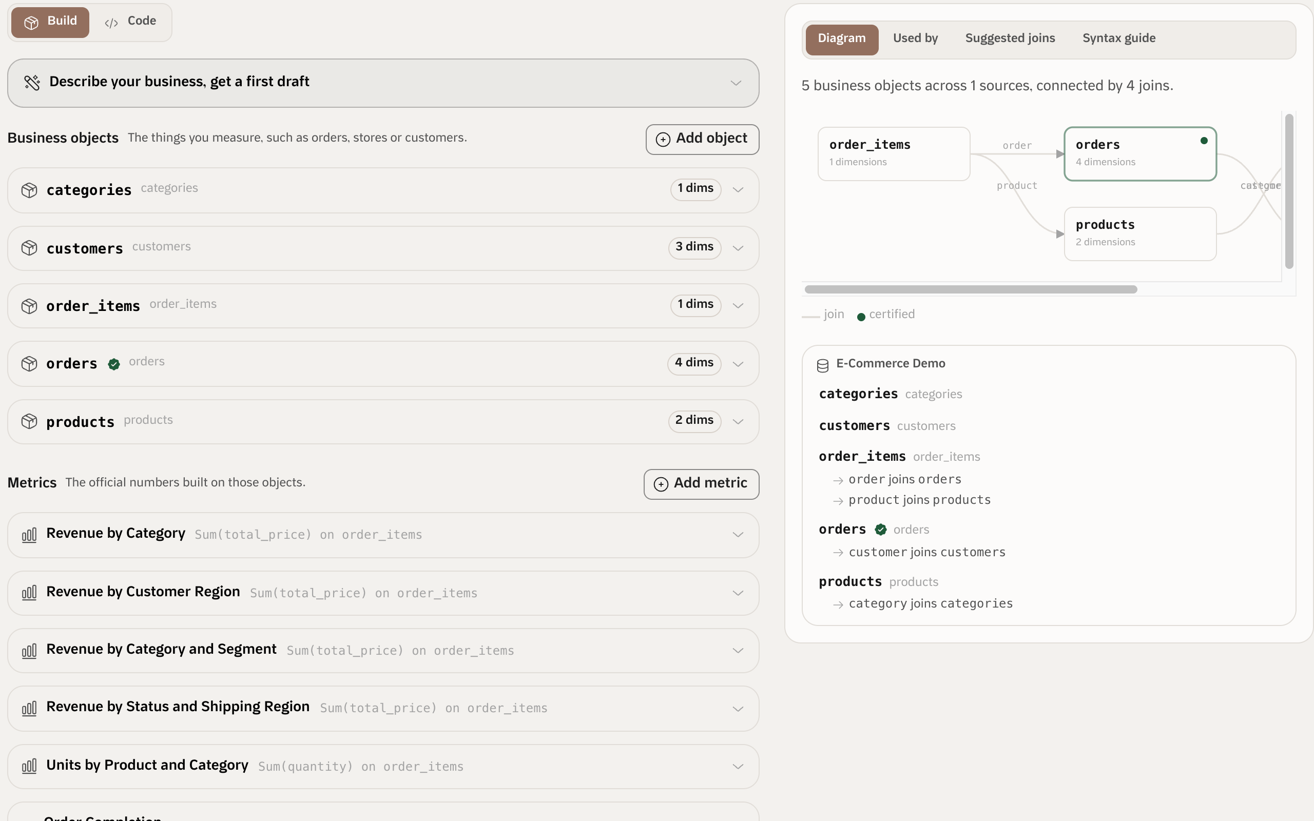 Qubit semantic layer showing business objects, joins, and shared metric definitions